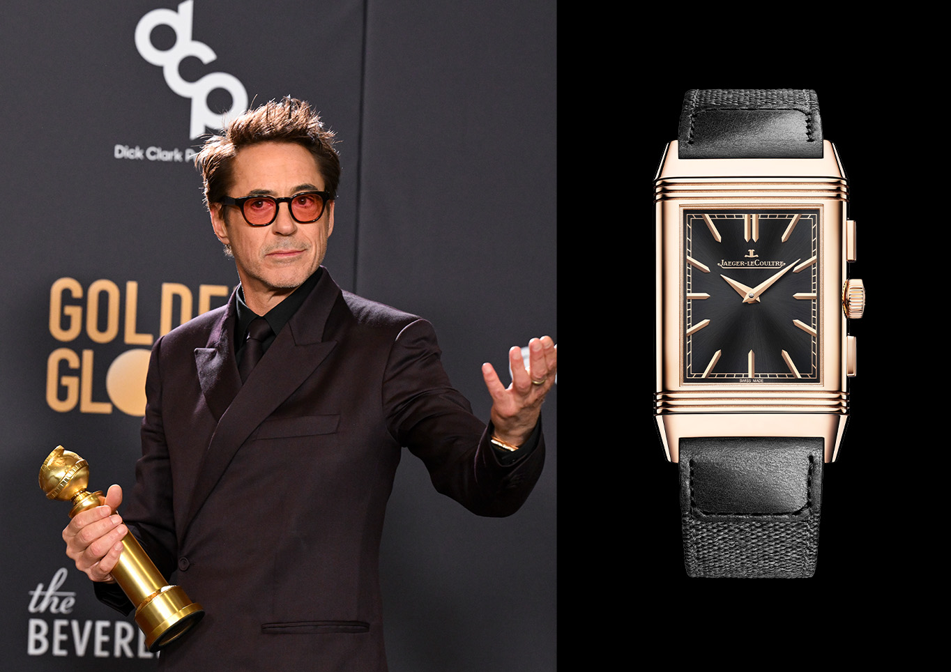 Robert Downey Jr. in Jaeger-LeCoultre Reverso Tribute Chronograph in pink gold