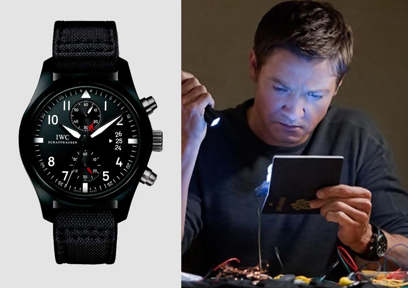 Jeremy Renner wearing the IWC Pilot's Watch in The Bourne Legacy