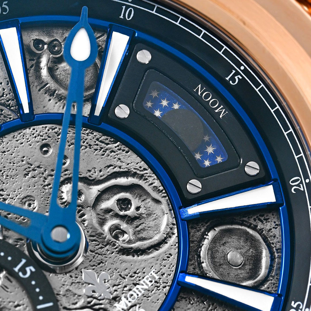 Moon watch with genuine lunar meteorite fragments in a capsule at three o’clock